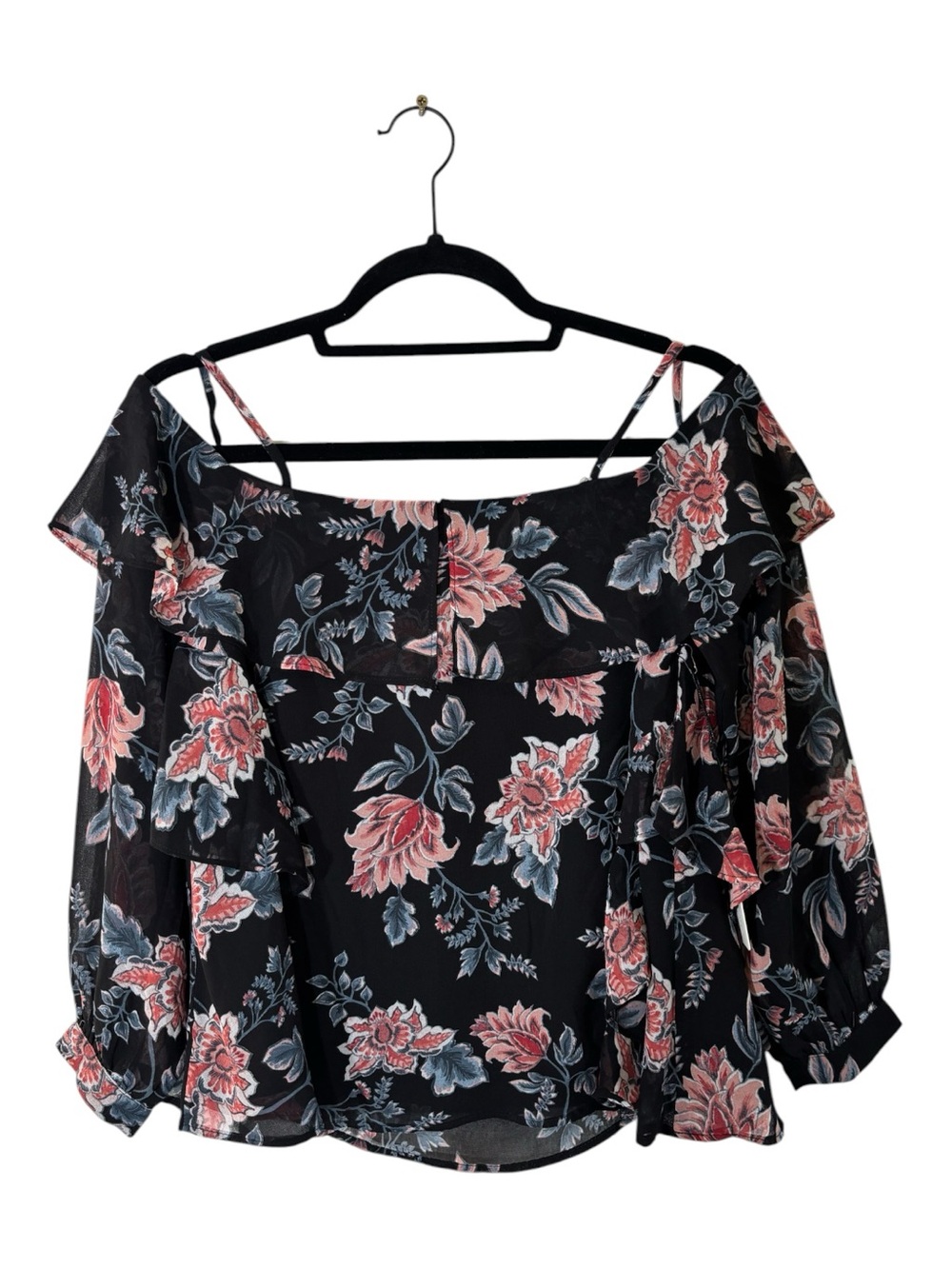NWT Olivaceous Black Floral Off-Shoulder Blouse with Pink & Blue Flowers Small - Picture 1 of 11
